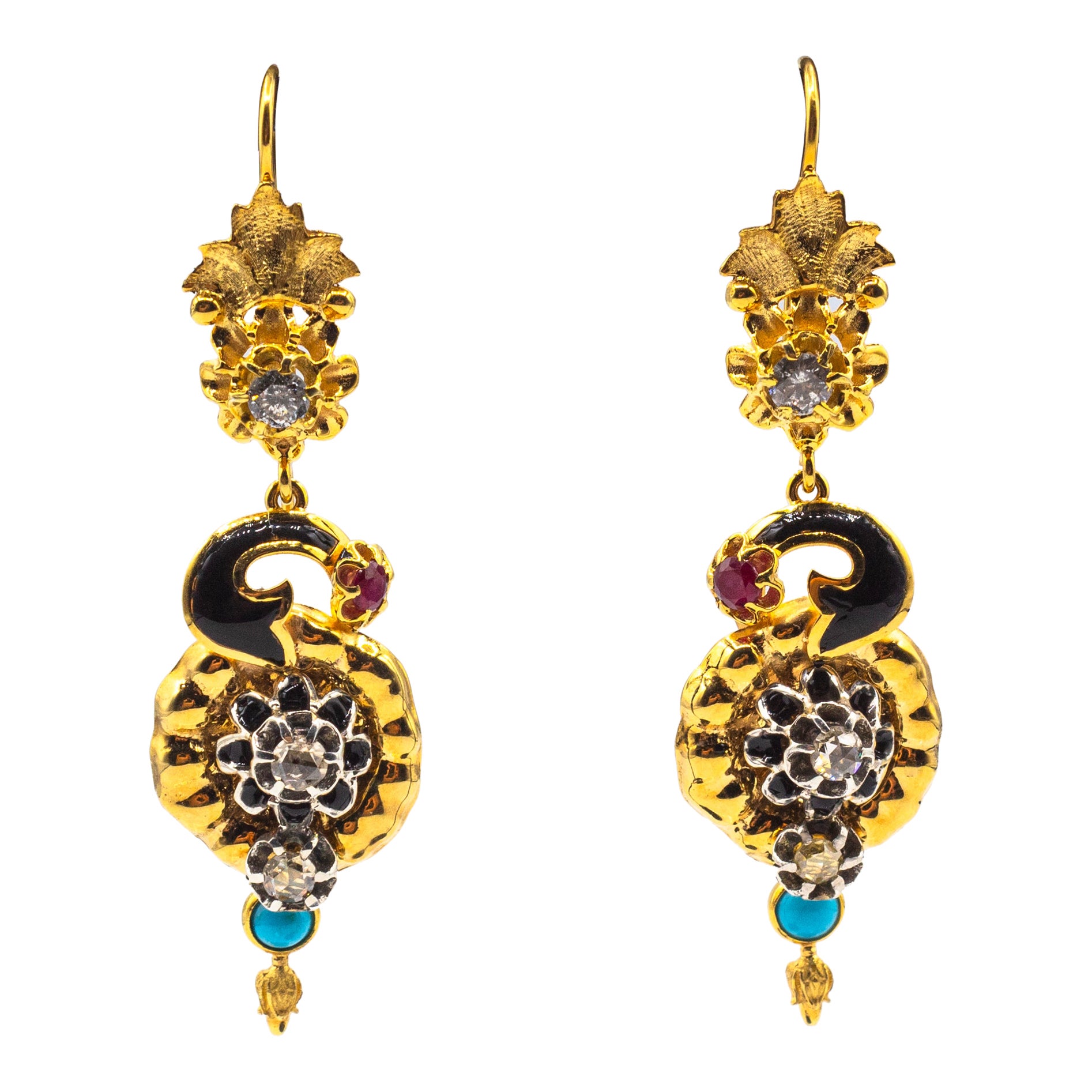 Art Nouveau Style White Diamond Turquoise Ruby Yellow Gold "Flowers" Earrings