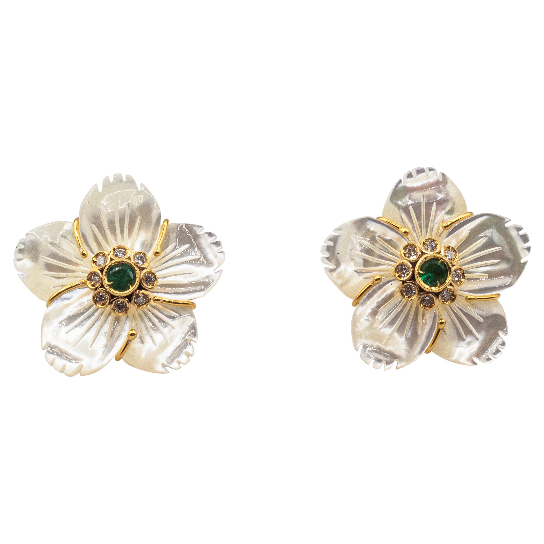 Art Nouveau Style Diamond Emerald Mother of Pearl Yellow Gold "Flowers" Earrings For Sale
