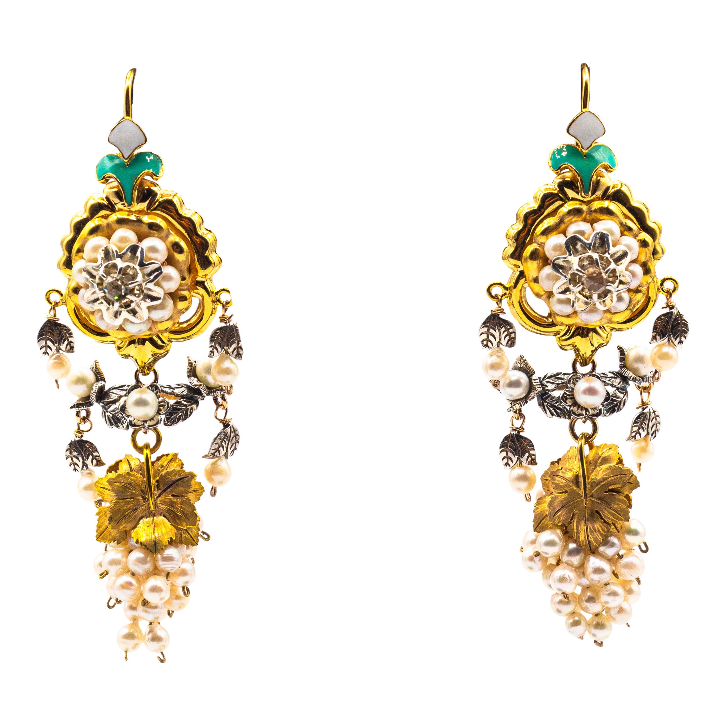 Art Nouveau Style White Diamond Pearl Enamel Yellow Gold "Flowers" Earrings For Sale
