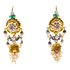 Art Nouveau Style White Diamond Pearl Enamel Yellow Gold "Flowers" Earrings