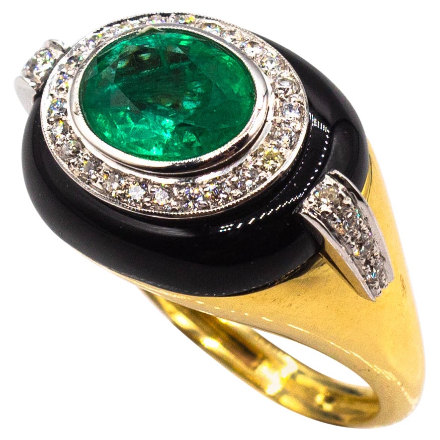 Art Deco Style White Diamond Oval Cut Emerald Onyx Yellow Gold Cocktail Ring For Sale