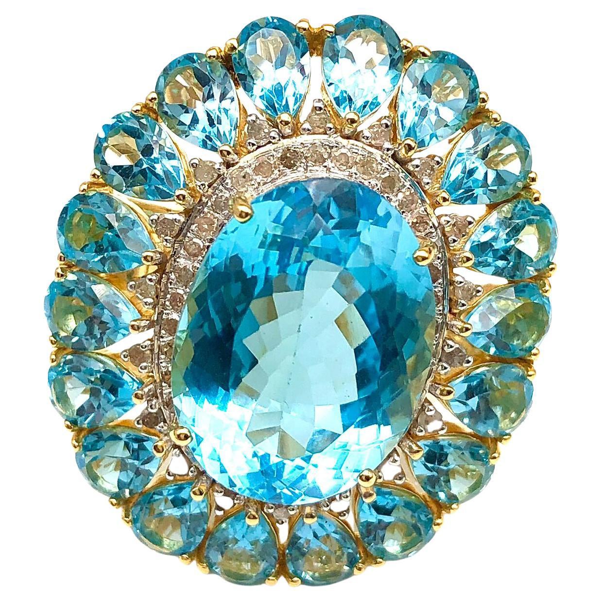 Bochic “Capri” Natural Oval Shape Blue Topaz & Diamond Set In 18K Gold & Silver For Sale