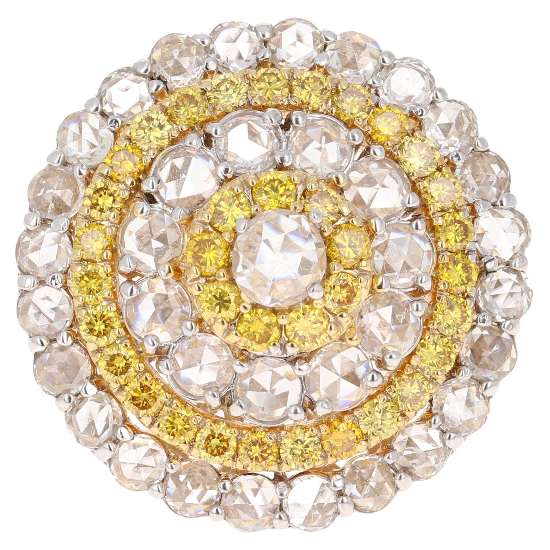 2.92 Carat Rose Cut Diamond Yellow Diamond 18 Karat White Gold Cocktail Ring For Sale