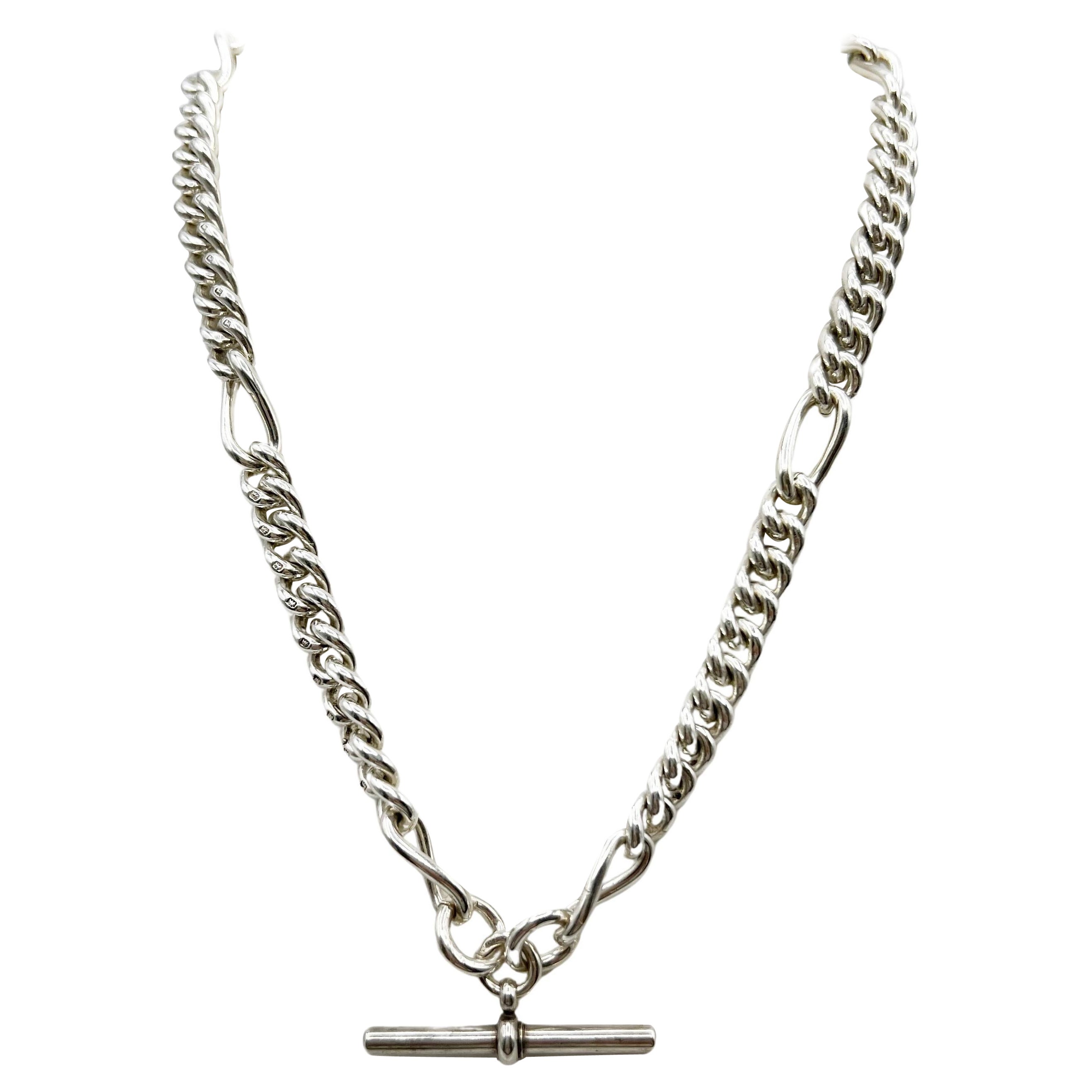 Victorian Circa 1890's Sterling Silver Watch Fob Belcher Chain Necklace For Sale