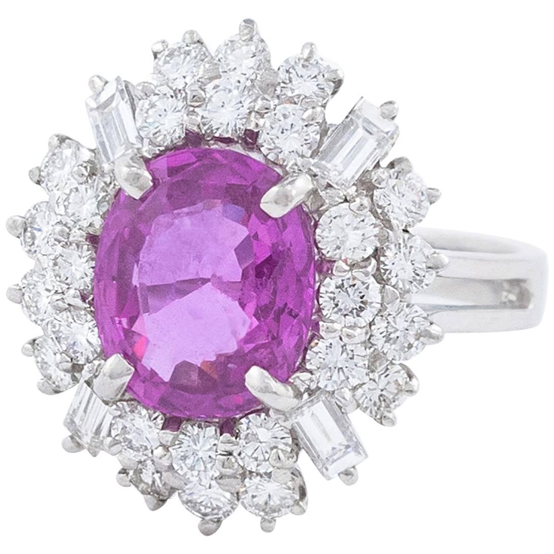 Oval Cut Pink Sapphire Diamond Platinum Cluster Ring  For Sale