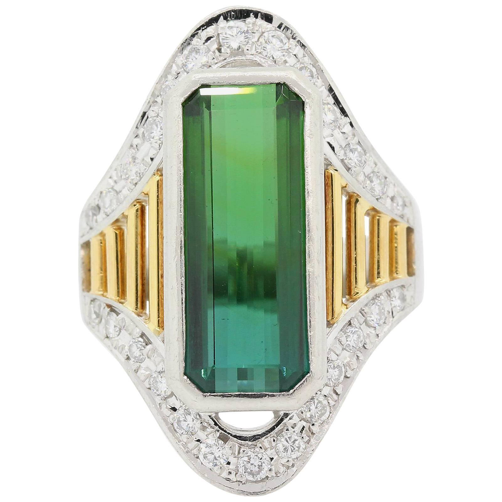 Tourmaline Diamond Platinum and Gold Ring