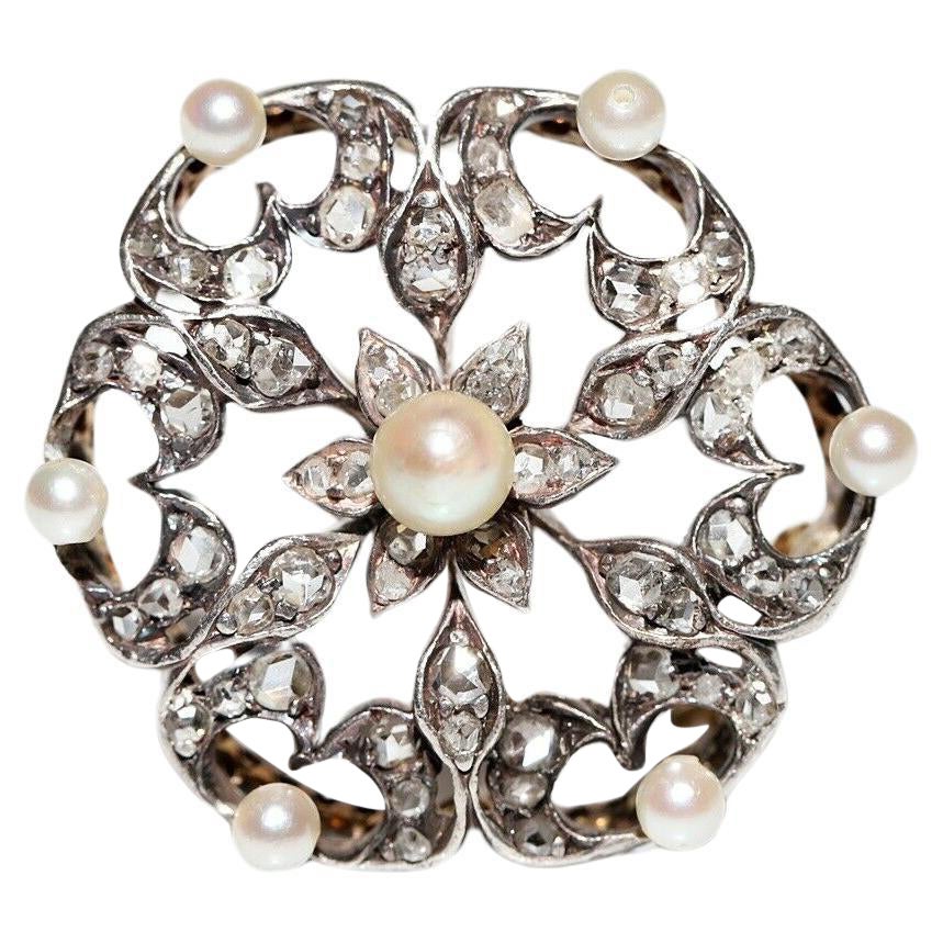 Broche victorienne des années 1900, or 18 carats, argent, diamants naturels taille rose et perle