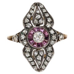 Bague navette vintage en or 18 carats, argent, diamant naturel, calibre, rubis et diamants