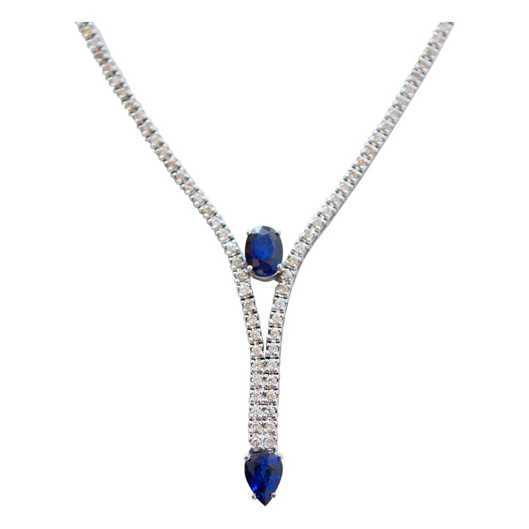 Sapphires, Diamonds, 14 Karat White Gold Tennis Necklace For Sale