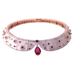 149 Carat Ruby Mother of Pearl Choker Necklace 15.69 Carat Diamond 18k Rose Gold