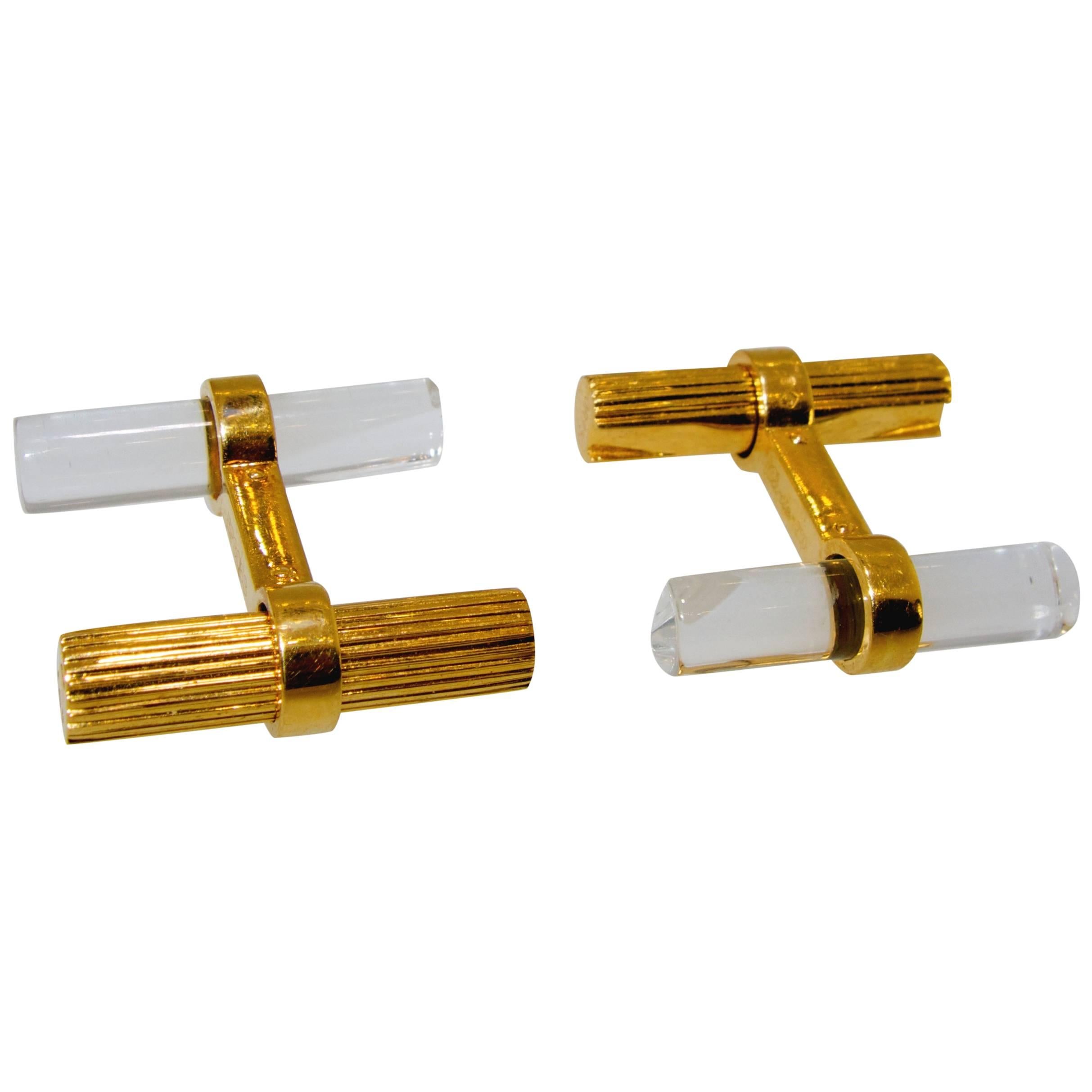 Classic ribbed gold bar motif Cartier cufflinks, signed and numbered, these can be worn as an all gold statement, or with the elegant clear rock crystal or one of each!  Easy to change, as the gold bar and/or rock crystal piece slips in and clicks