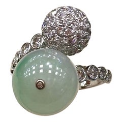 Toi et Moi Spherical Jade and Diamond Ring in 18k White Gold