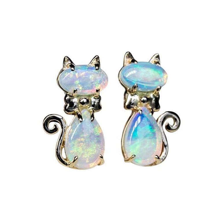 Kitty Cat Australian Solid Opal Stud Earrings 14k Yellow Gold For Sale