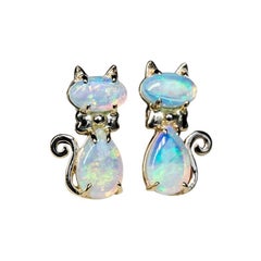 Kitty Cat Australian Solid Opal Stud Earrings 14k Yellow Gold
