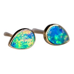 Geometric Pear Shaped Australian Doublet Opal Stud Earrings 14K Yellow Gold