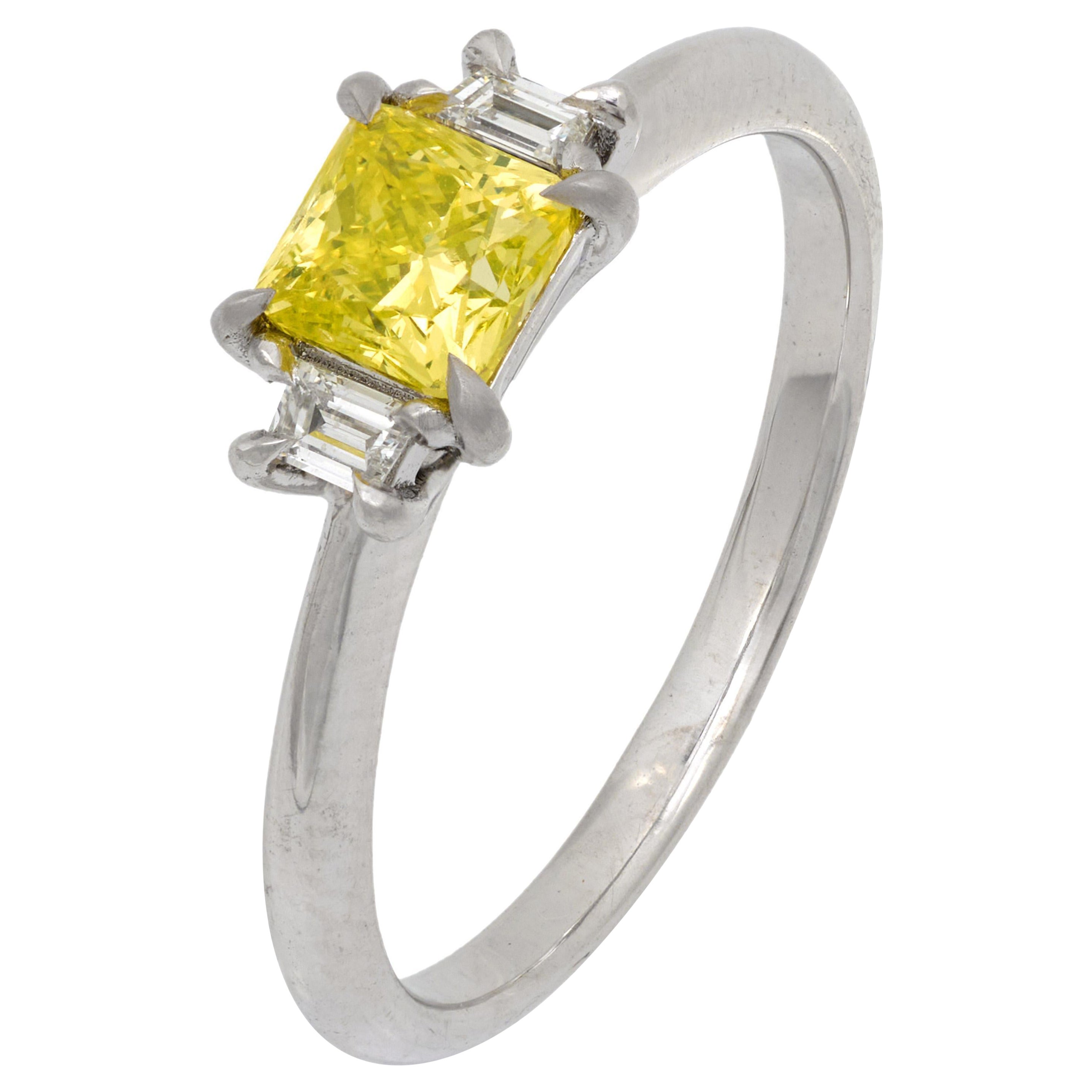 GIA fancy intense greenish yellow diamond platinum and gold ring For Sale