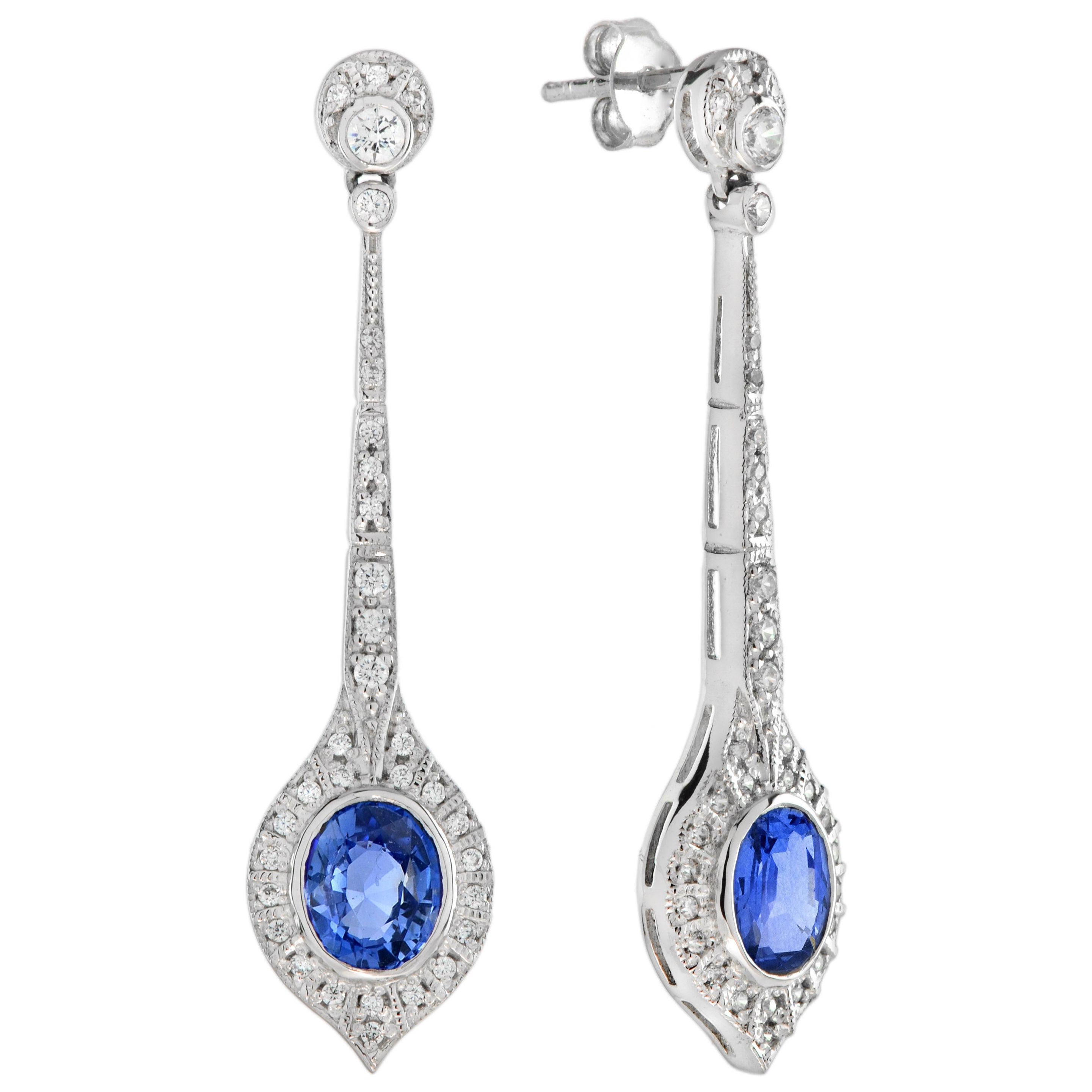 Boucles d'oreilles pendantes en or blanc 18 carats avec saphirs de Ceylan et diamants de style Art déco en vente