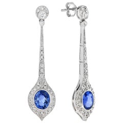 Boucles d'oreilles pendantes en or blanc 18 carats avec saphirs de Ceylan et diamants de style Art déco