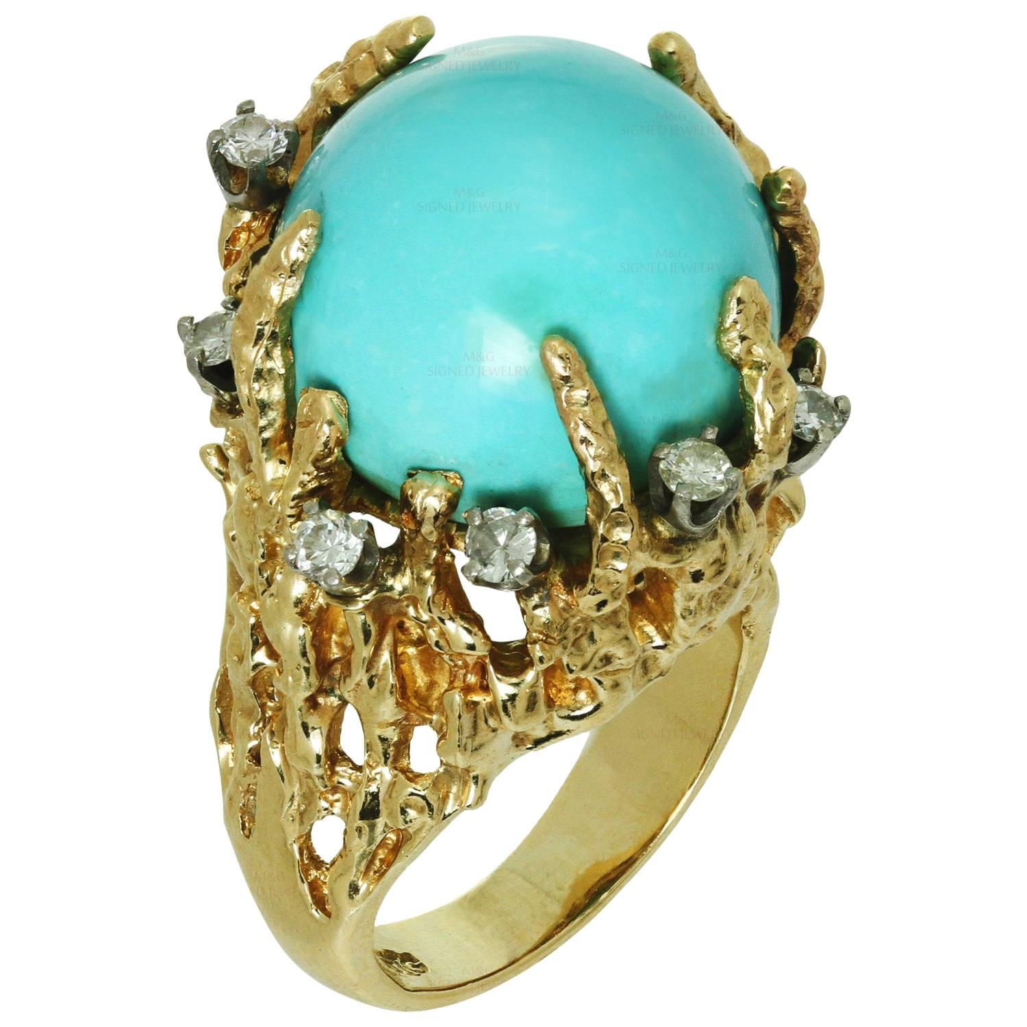1960s Turquoise Diamond Nugget Yellow Gold Ring