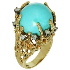 1960s Turquoise Diamond Nugget Yellow Gold Ring 5