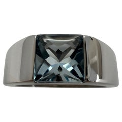 Vintage Cartier Blue Aquamarine Square Cushion Cut 18k White Gold Tank Ring 49 J
