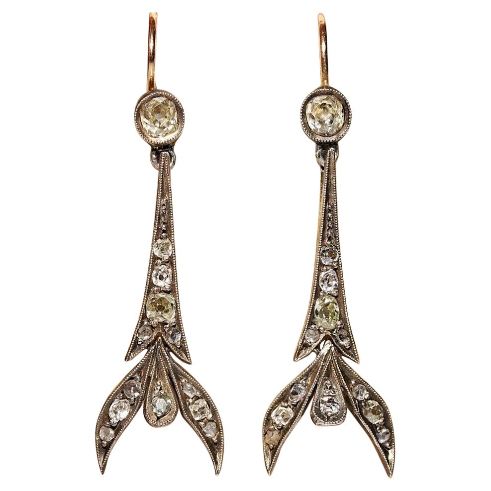 Antique Art Deco Circa 1920s 18k Gold Top Silver Natural Diamond Drop Earring