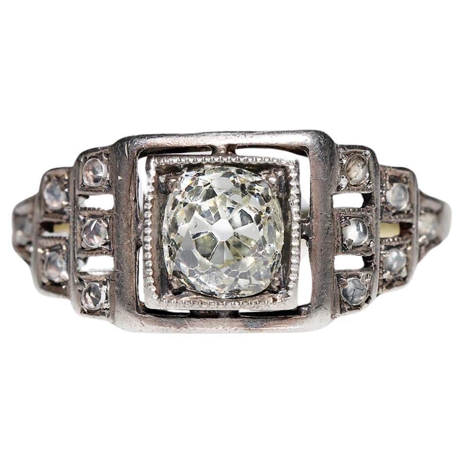 Antico circa 1890  Oro 14k Argento A. Silver Diamante naturale  Anello solitario in vendita