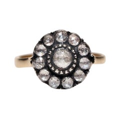 Vıntage Circa 1990s 14k Gold Top Silver Natural Rose Cut Diamond Decorated Ring