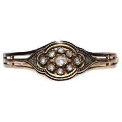 Bracciale antico CIRCA 1900 in oro 14k con diamante naturale taglio rosa e smalto
