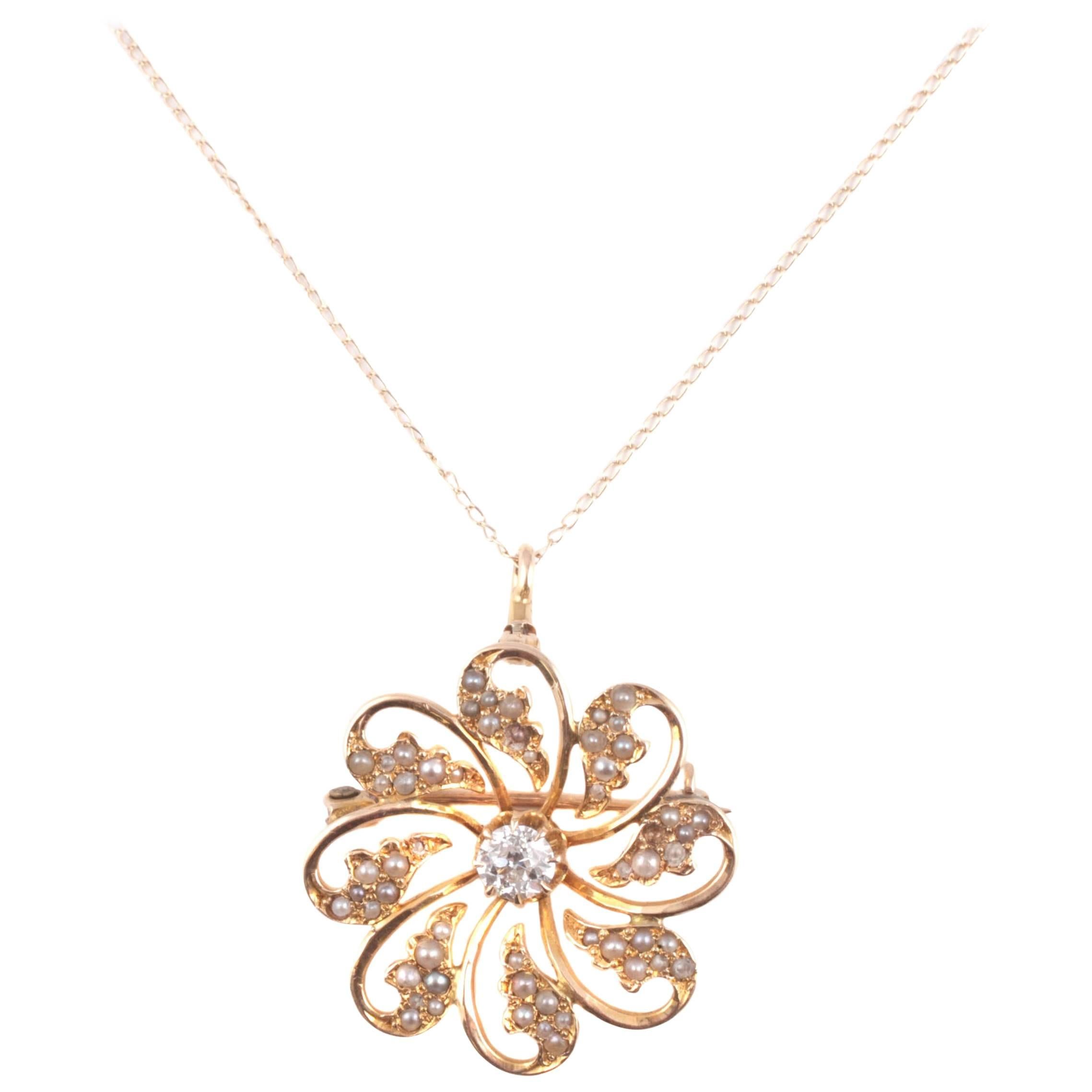 Edwardian .50 Carat Diamond and Seed Pearl Flower Necklace in Yellow Gold
