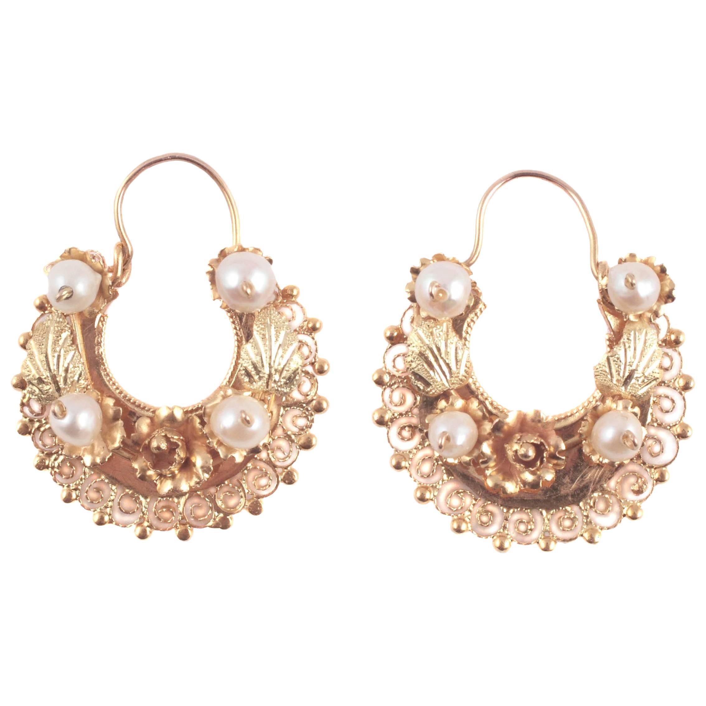 Pearl Half Hoop Earrings in 14 Karat Yellow Gold