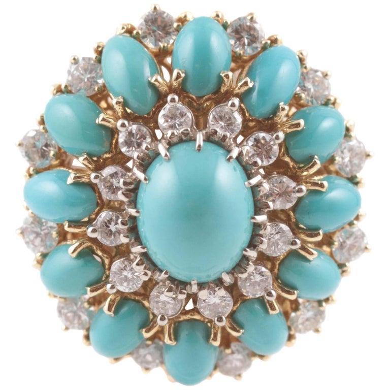 Coral Turquoise Diamond Yellow Gold Ring at 1stdibs