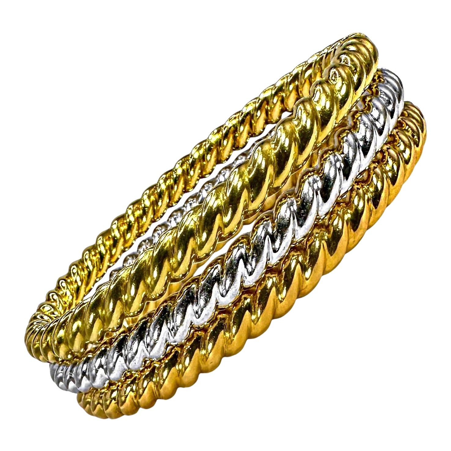 Set of 3 Twisted Rope Hinged Oval Bangle Bracelets 18K Yellow, White & Rose Gold