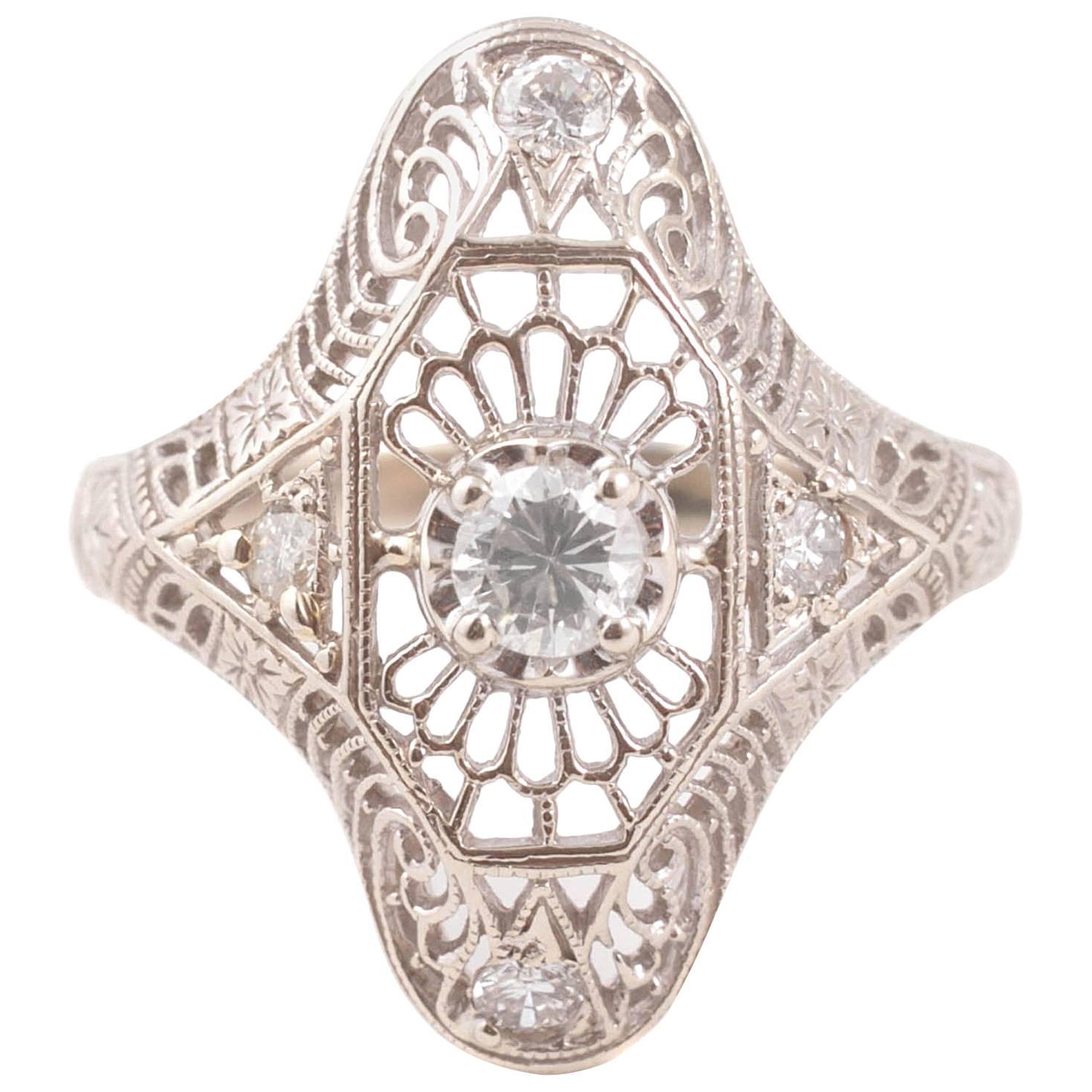 Art Deco Diamond Gold Filigree Engagement Ring