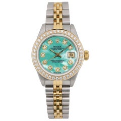 Rolex Datejust 26 Steel 18K Gold Custom Green Turquoise Diamond Dial Watch 69173