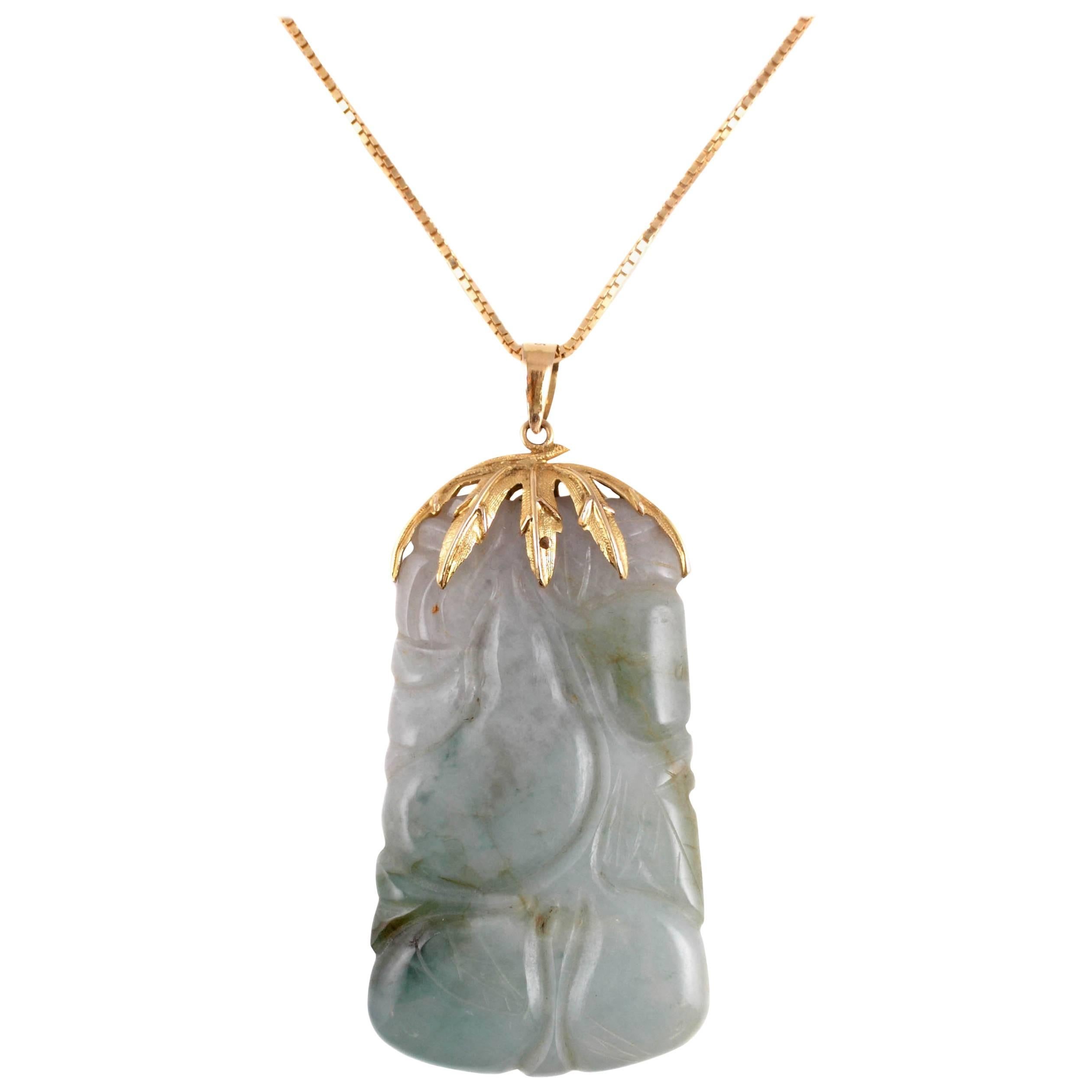 Carved Jade Pendant on Chain For Sale