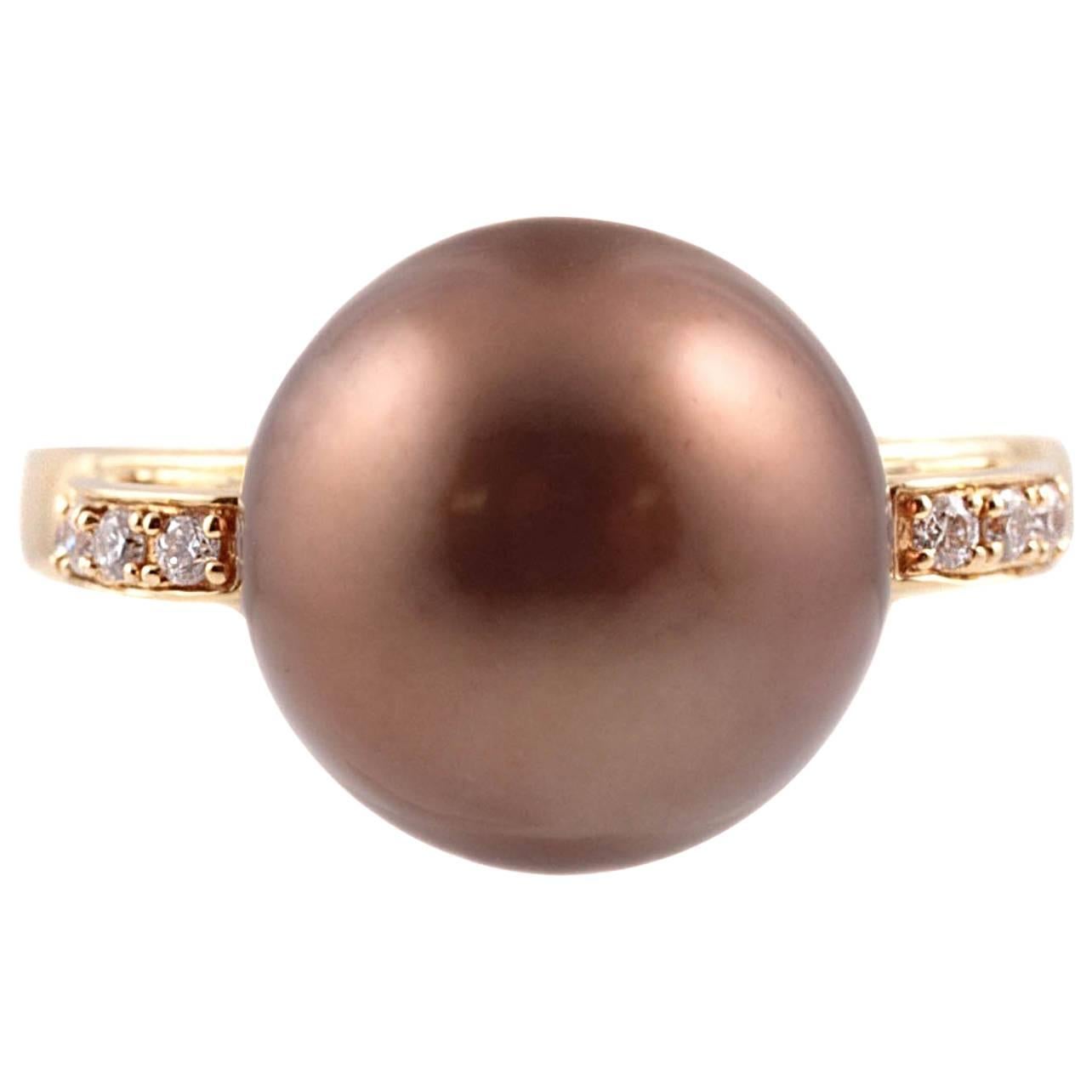 Bronze Pearl Diamond Ring in 18 Karat Gold For Sale