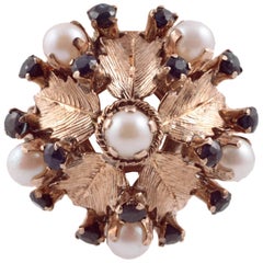 Cultured Pearl Blue Sapphire Gold Harem Ring 1
