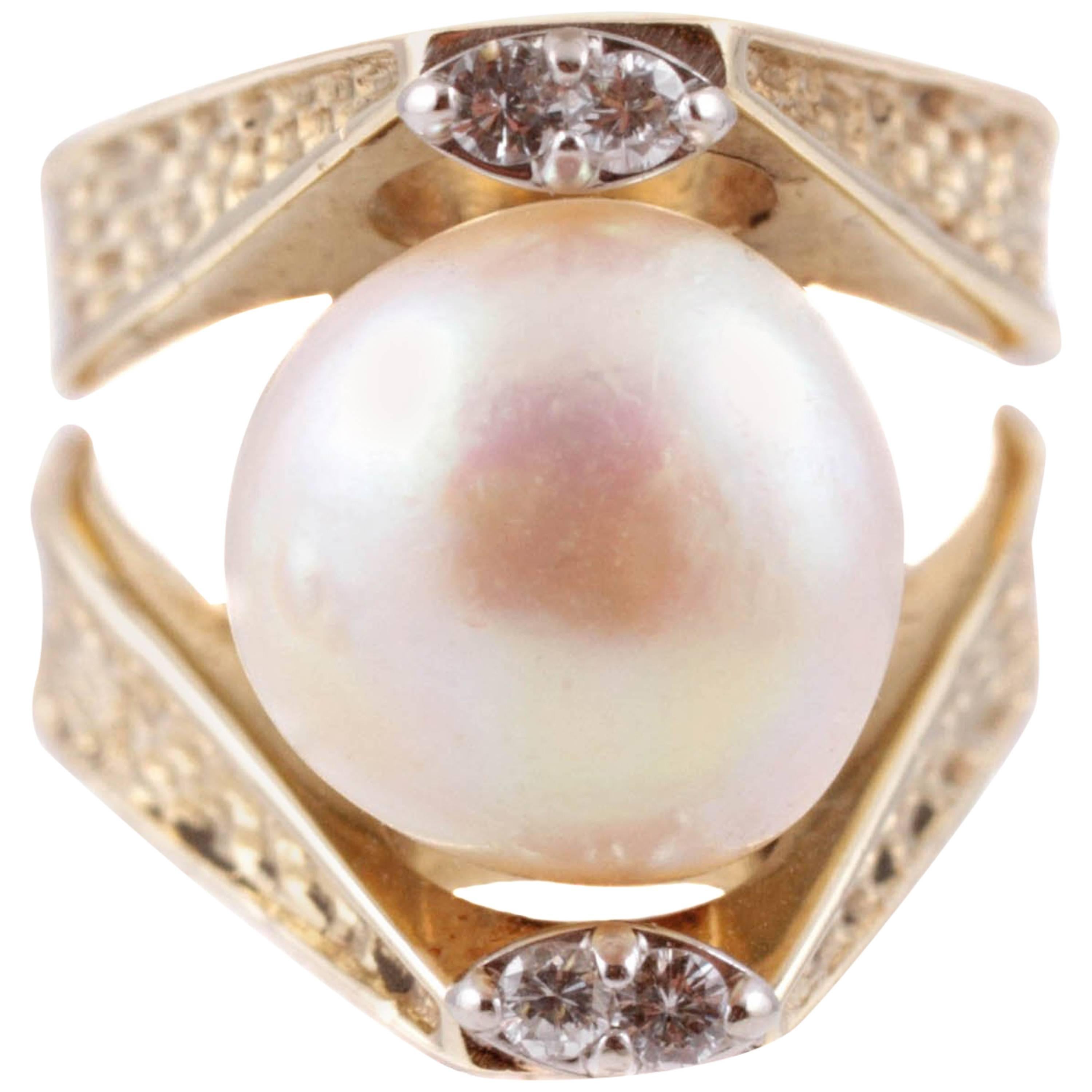 11.35 mm Cultured Pearl Diamond Ring Yellow Gold For Sale