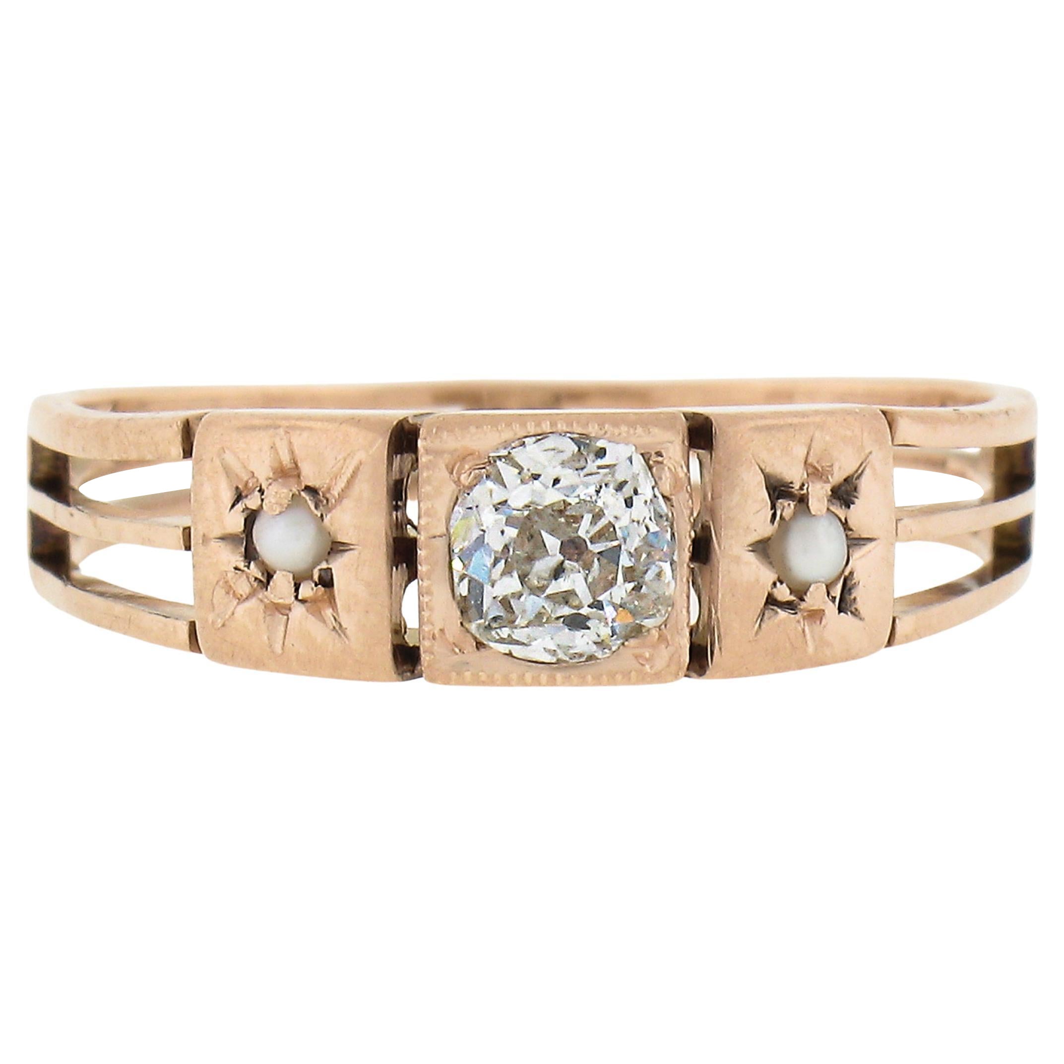Antique Victorian 10k Rosy Gold Old Cushion Diamond & Seed Pearl Open Work Ring For Sale