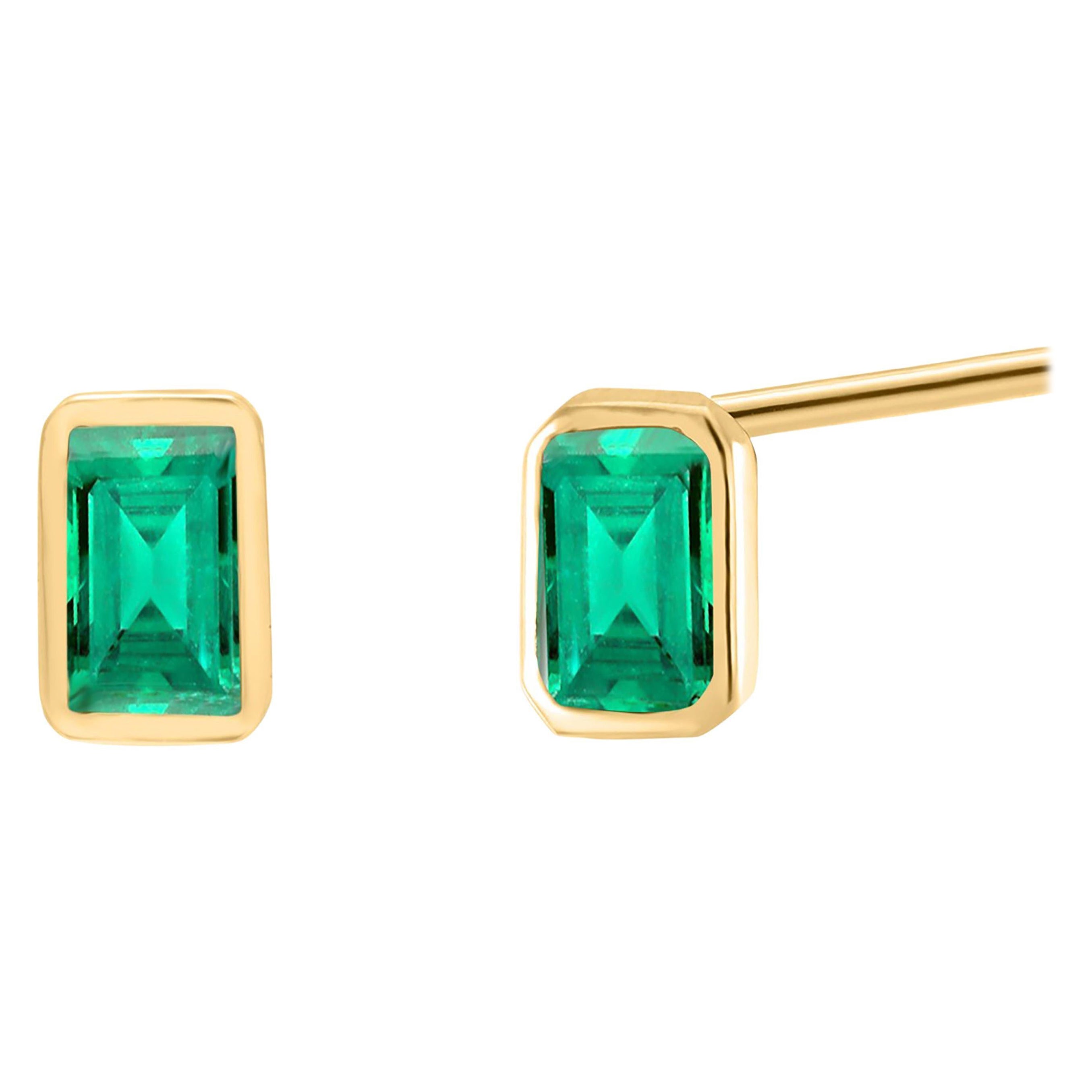 14K Yellow Gold Bezel Set Colombian Emerald Stud Earrings For Sale