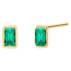 14K Yellow Gold Bezel Set Colombian Emerald Stud Earrings