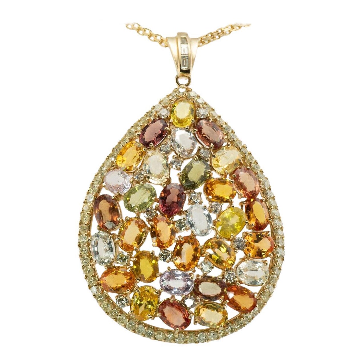 Citrine Quartz Amethyst Peridot Diamond Pendant Necklace 14K Gold Huge