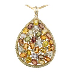 Citrine Quartz Amethyst Peridot Diamond Pendant Necklace 14K Gold Huge