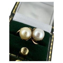 8.5mm Cultured Pearl (x 2) "Moi et Toi" Handmade Vintage Ring in 14K Yellow Gold