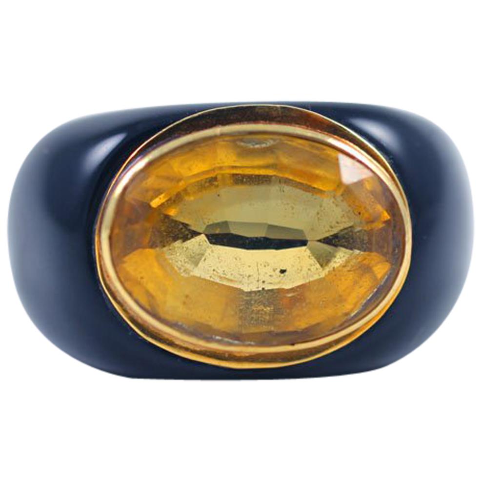 Vintage Mid Century Modern Citrine Ring in Black and Lemon-Honey