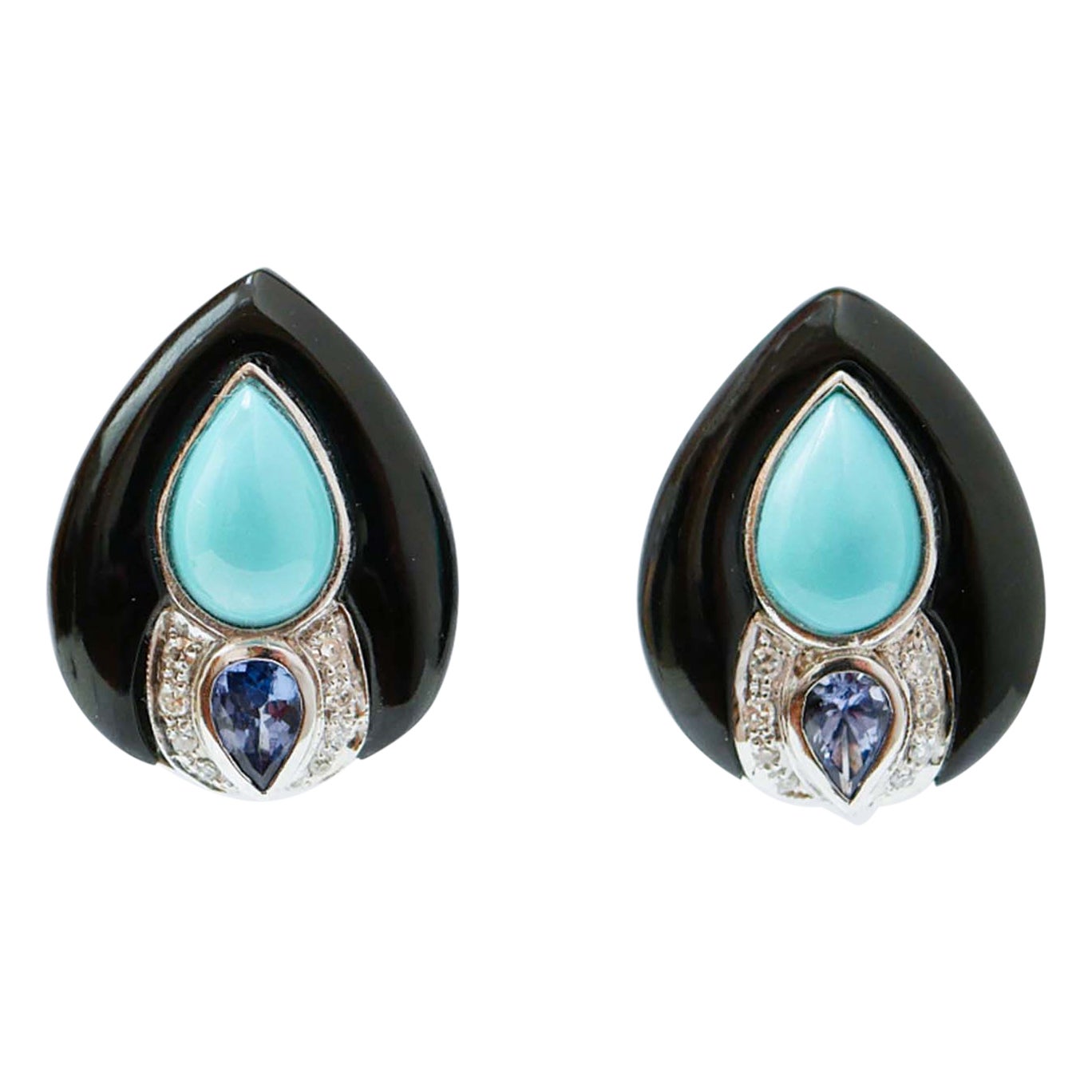 Turquoise, Onyx, Tanzanite, Diamonds, Platinum and 14 Karat White Gold Earrings. For Sale