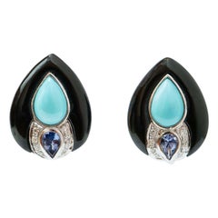 Turquoise, Onyx, Tanzanite, Diamonds, Platinum and 14 Karat White Gold Earrings.