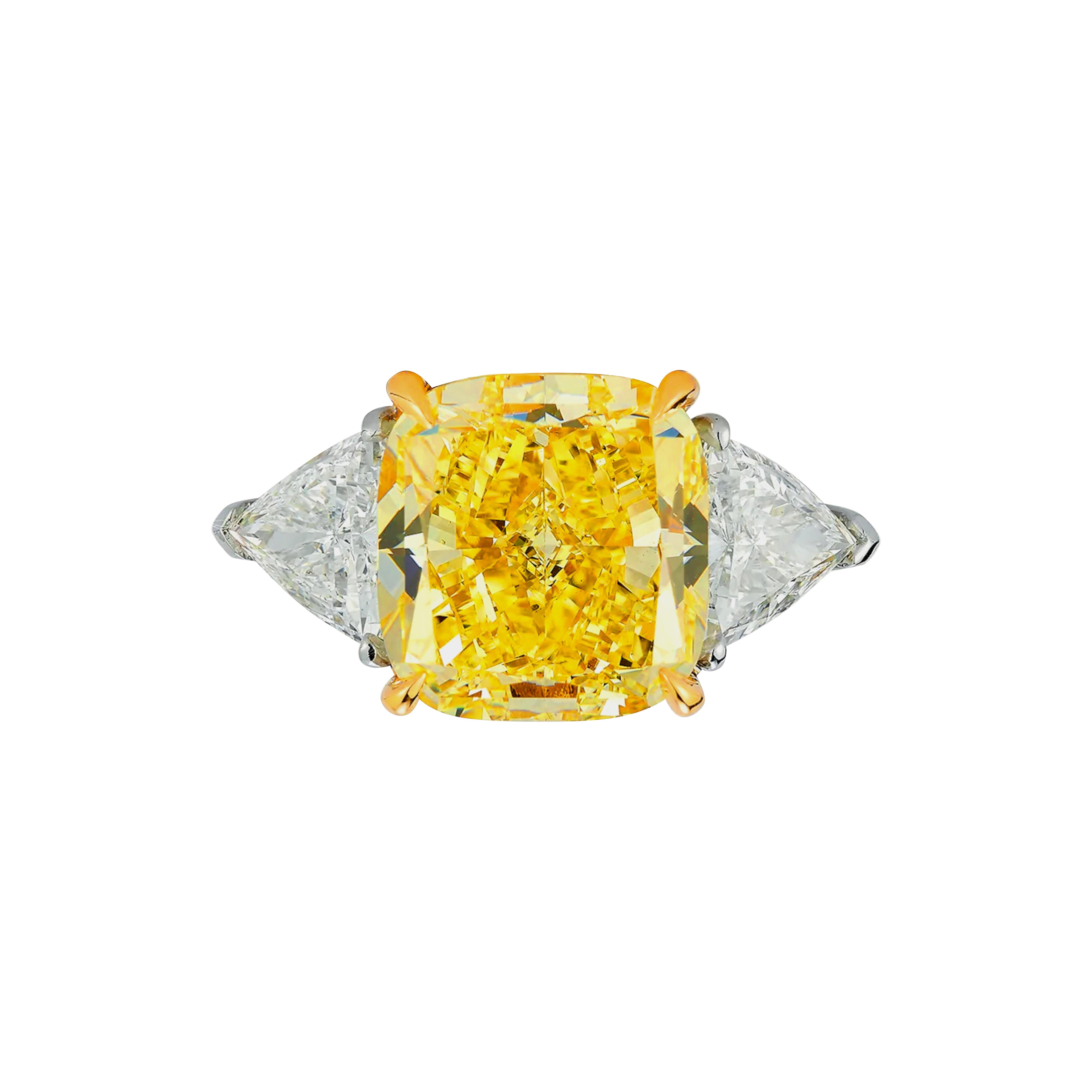 Bague à diamant coussin certifié GIA de 5 carats de couleur jaune fantaisie en vente