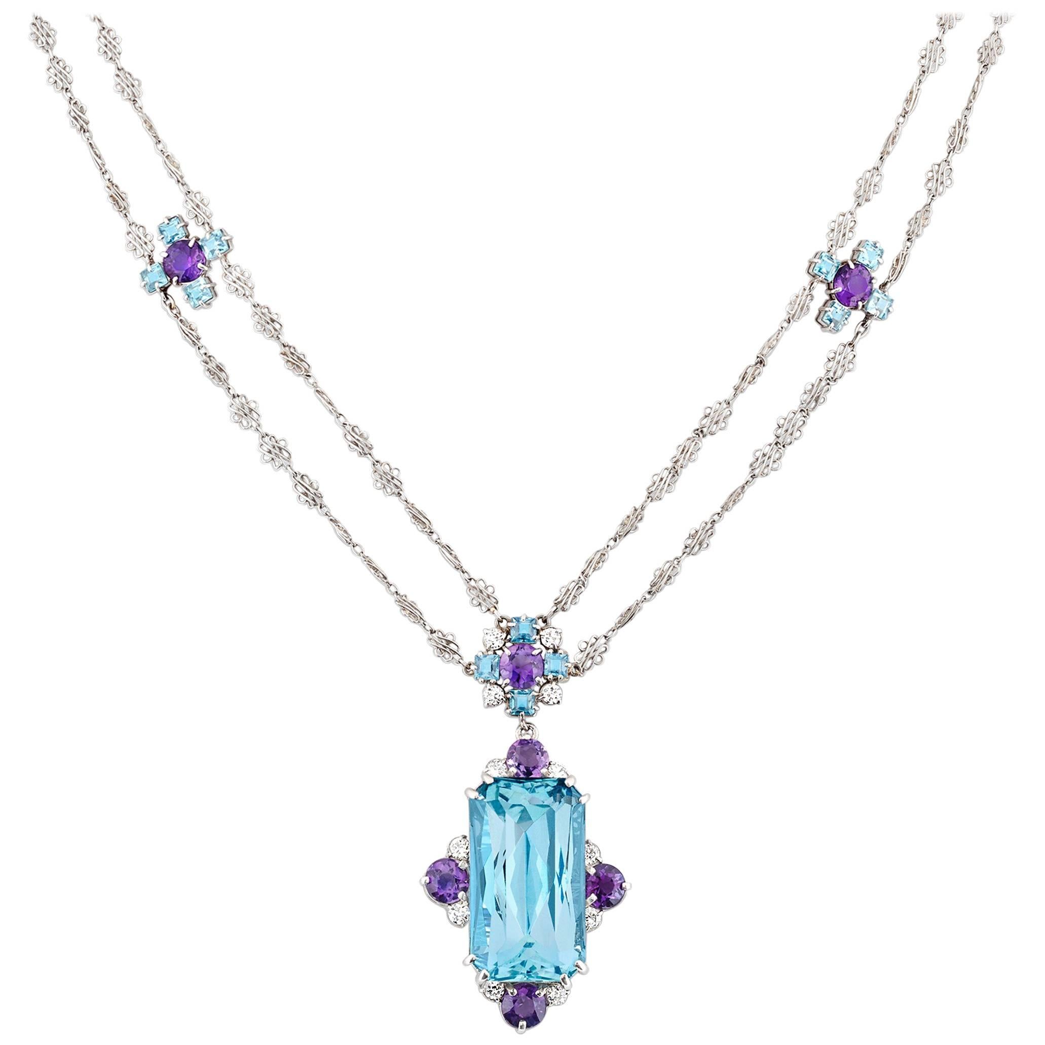 Tiffany & Co. 12.00 Carat Aquamarine Amethysts Platinum Necklace